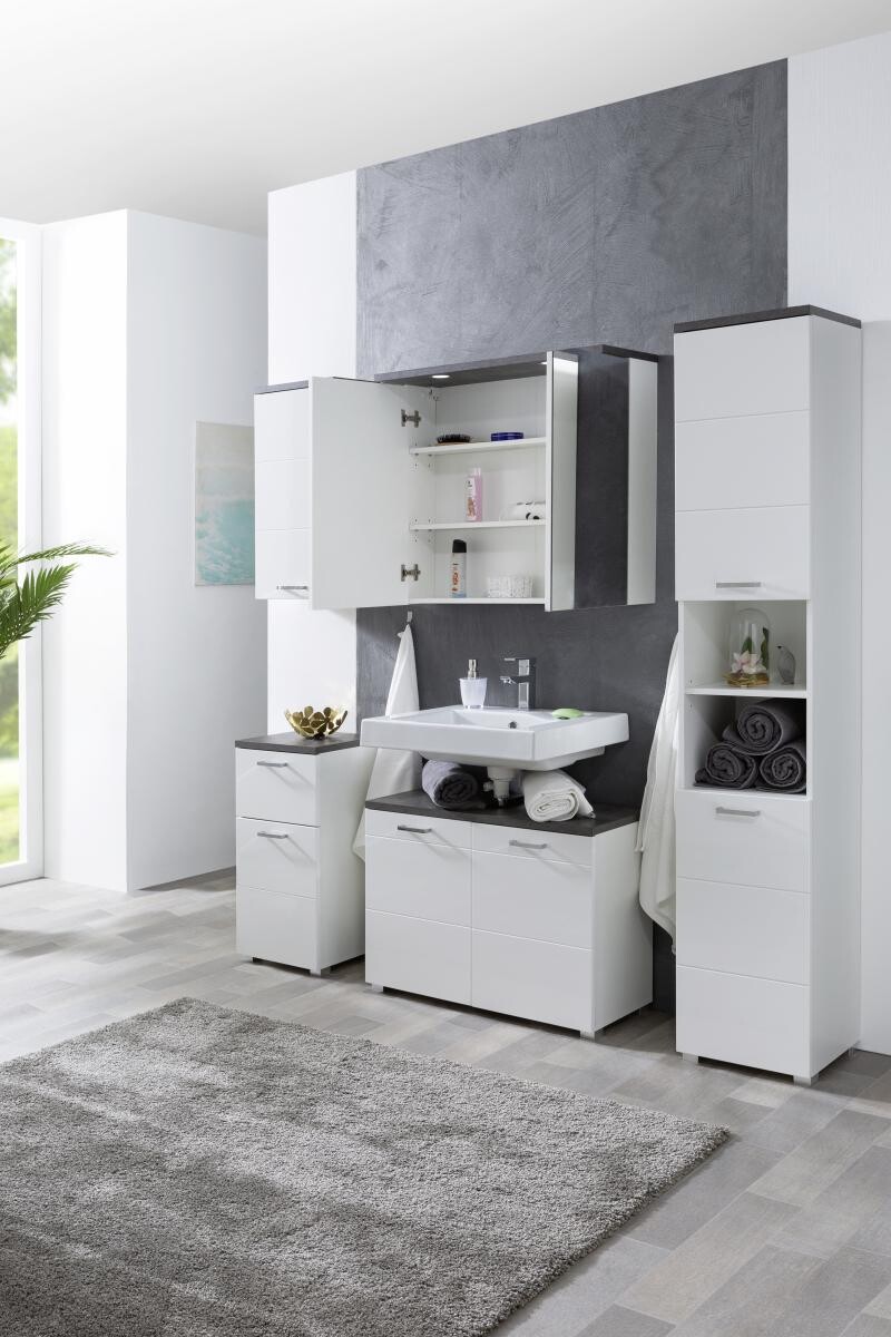 Badhängeschrank Praya Dark Concret weiß Hochglanz B/H/T: ca. 36x71x22 cm