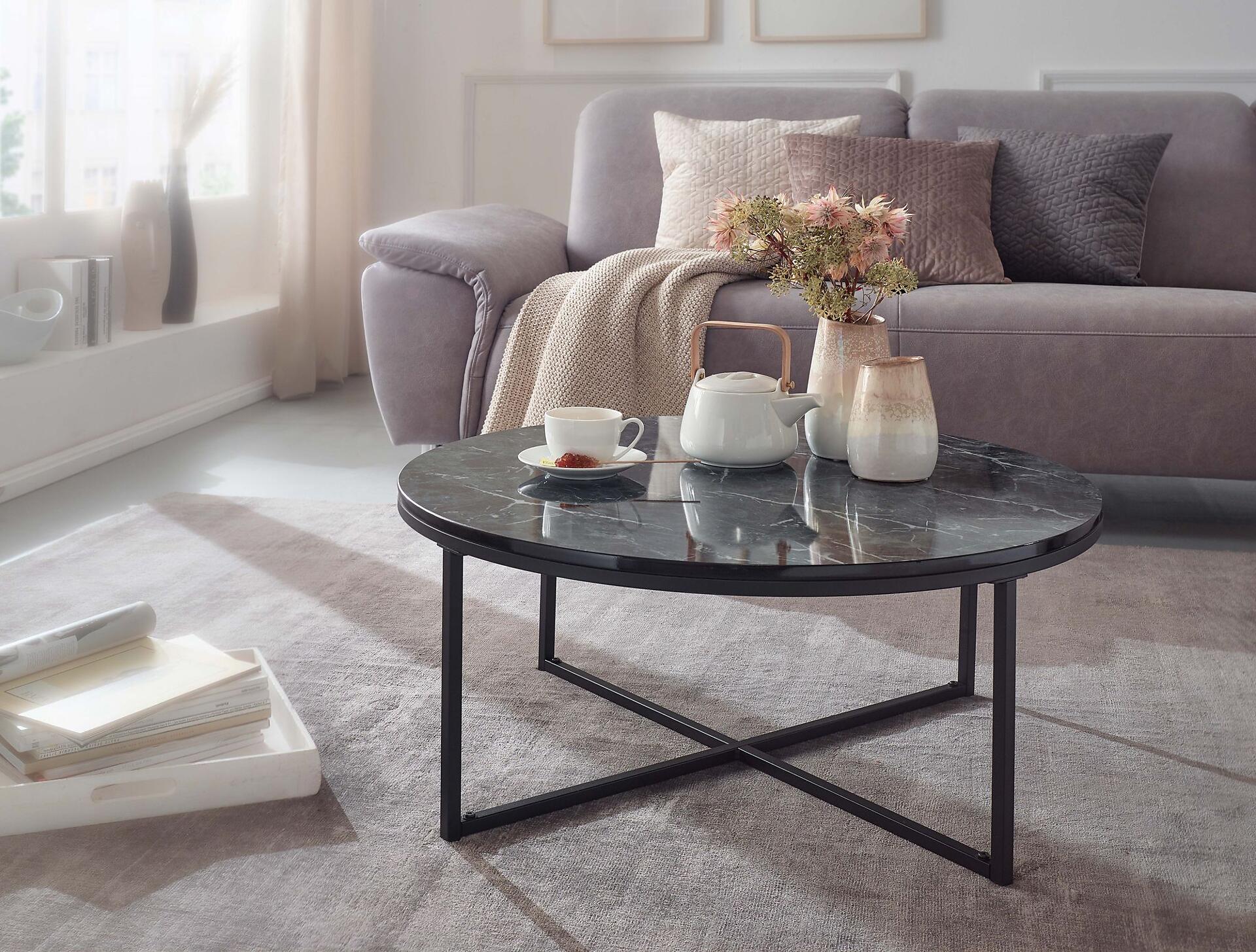 Wohnling Couchtisch schwarz Marmor schwarz MDF Stahl B/H/T: ca. 80x35x80 cm