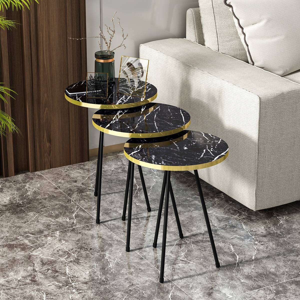 Beistelltisch 3er-Set. 21776160 schwarz Marmoroptik B/H/T: ca. 38x53,5x38 cm