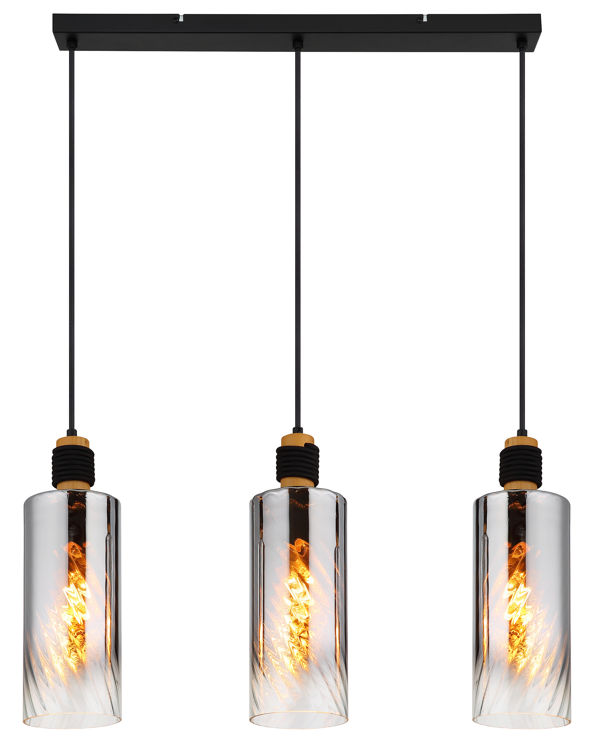 GLOBO Pendelleuchte mattschwarz Rauch braun Glas Holz Metall B/H/T/L: ca. 12x150x68x68 cm E27 3 Brennstellen