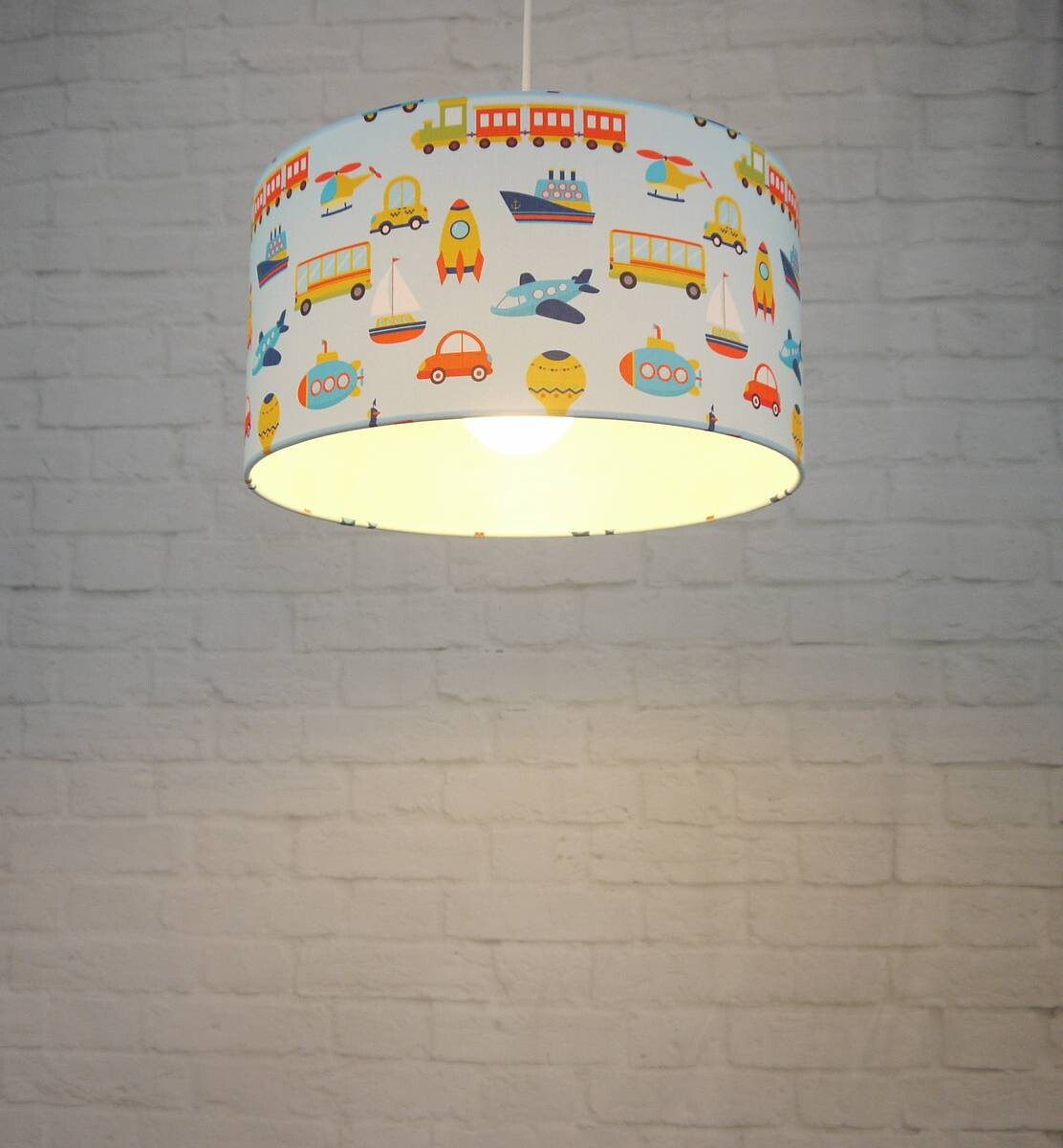 Niermann Pendelleuchte Fahrzeuge blau bunt Textil Metall D: ca. 35 cm E27 1 Brennstellen