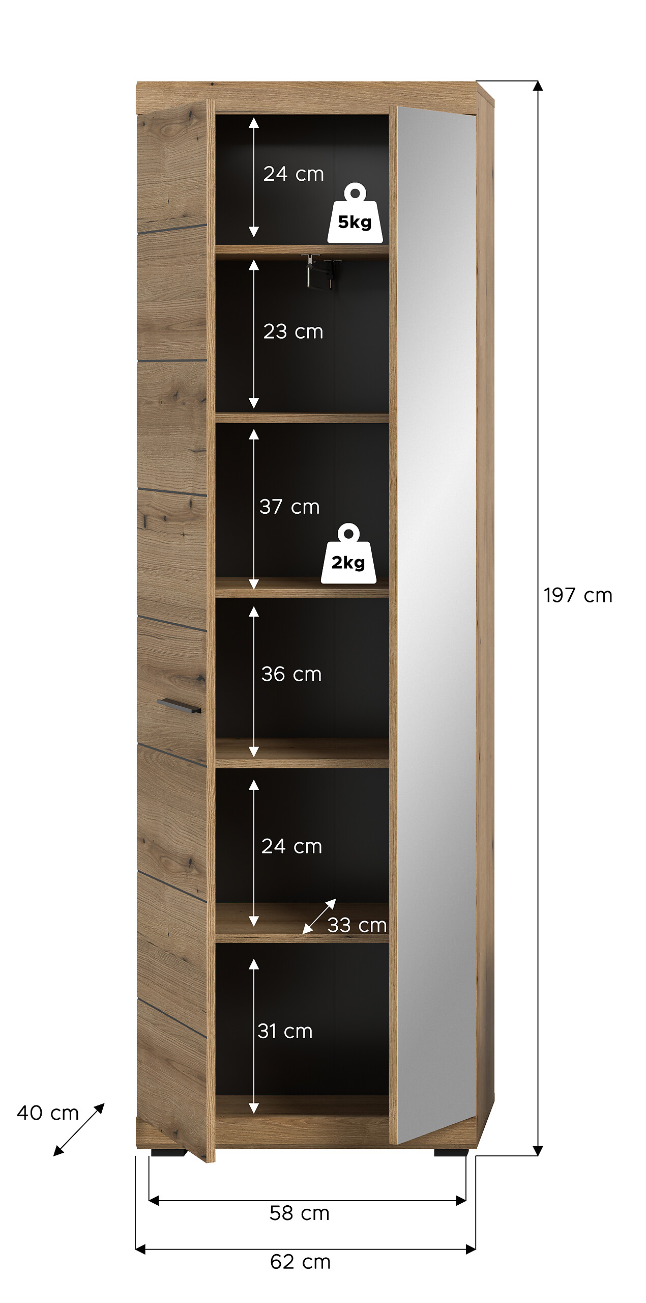 Garderobenschrank SCOUT Evoke Oak Nachbildung B/H/T: ca. 62x197x37 cm
