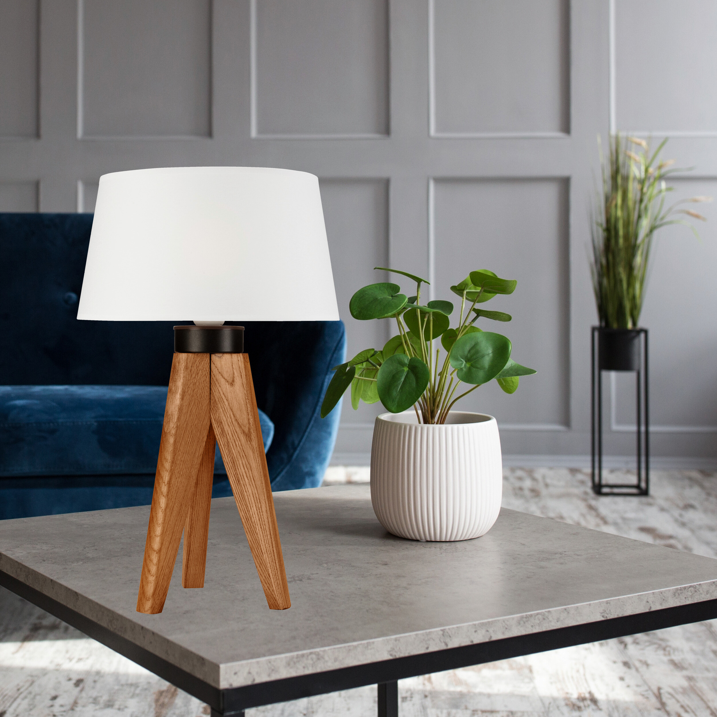 Lamkur Tischlampe Eiche rustikal Holz Stahl B/H/L: ca. 34x38x38 cm E27 1 Brennstellen