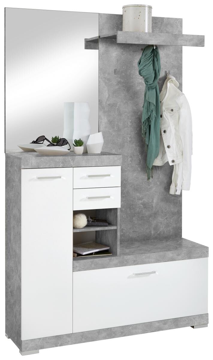 Garderobe  Beton Optik weiß glänzend B/H/T: ca. 120x193,5x35,5 cm