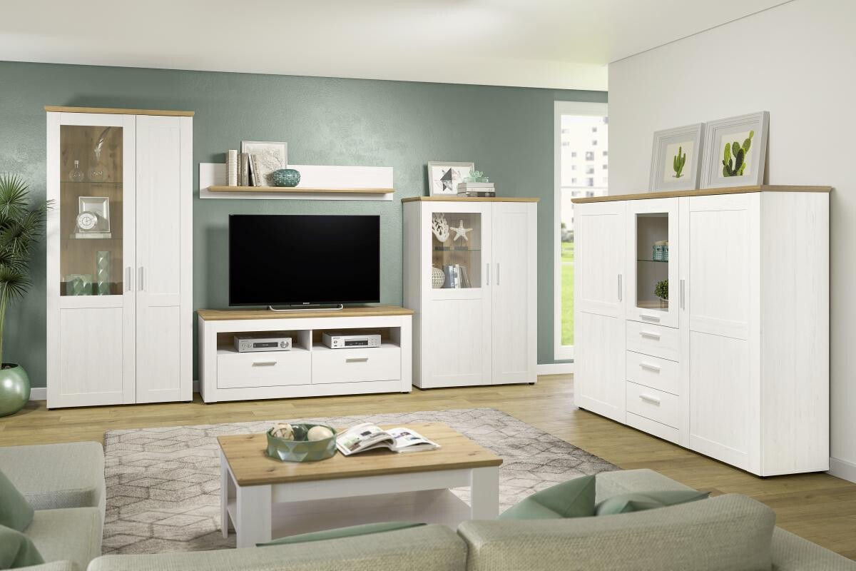 Standvitrine Shade weiß Pinie Nachbildung Eiche Artisan Nachbildung B/H/T: ca. 95x194x38 cm