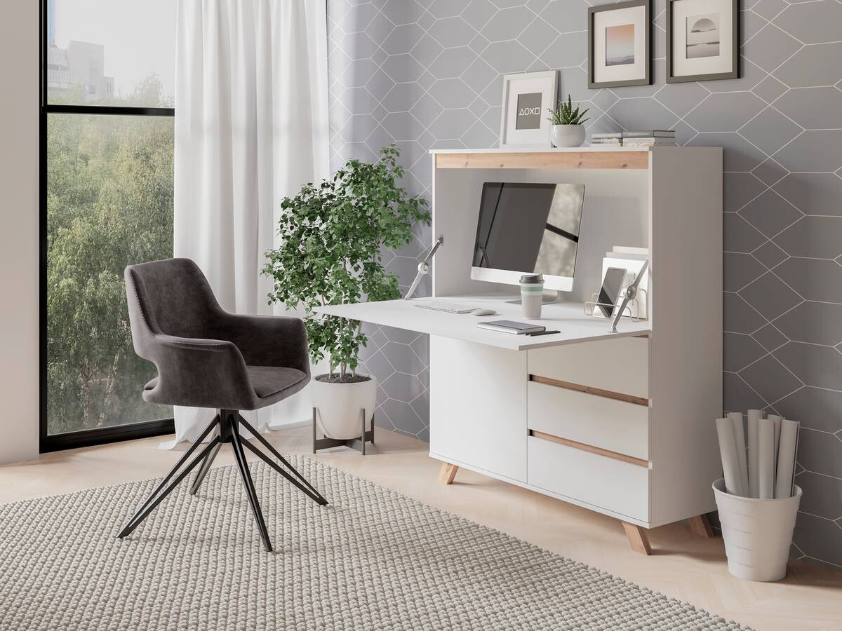 Sekretär VALENTIN weiß matt Eiche Artisan Nachbildung B/H/T: ca. 120x127x38 cm