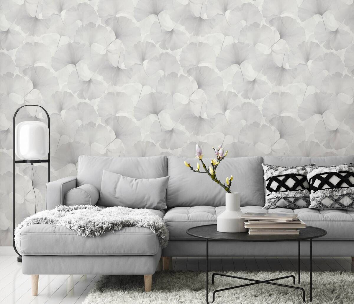 Vliestapete Blätter silber weiß B/L: ca. 53x1005 cm glitzernd