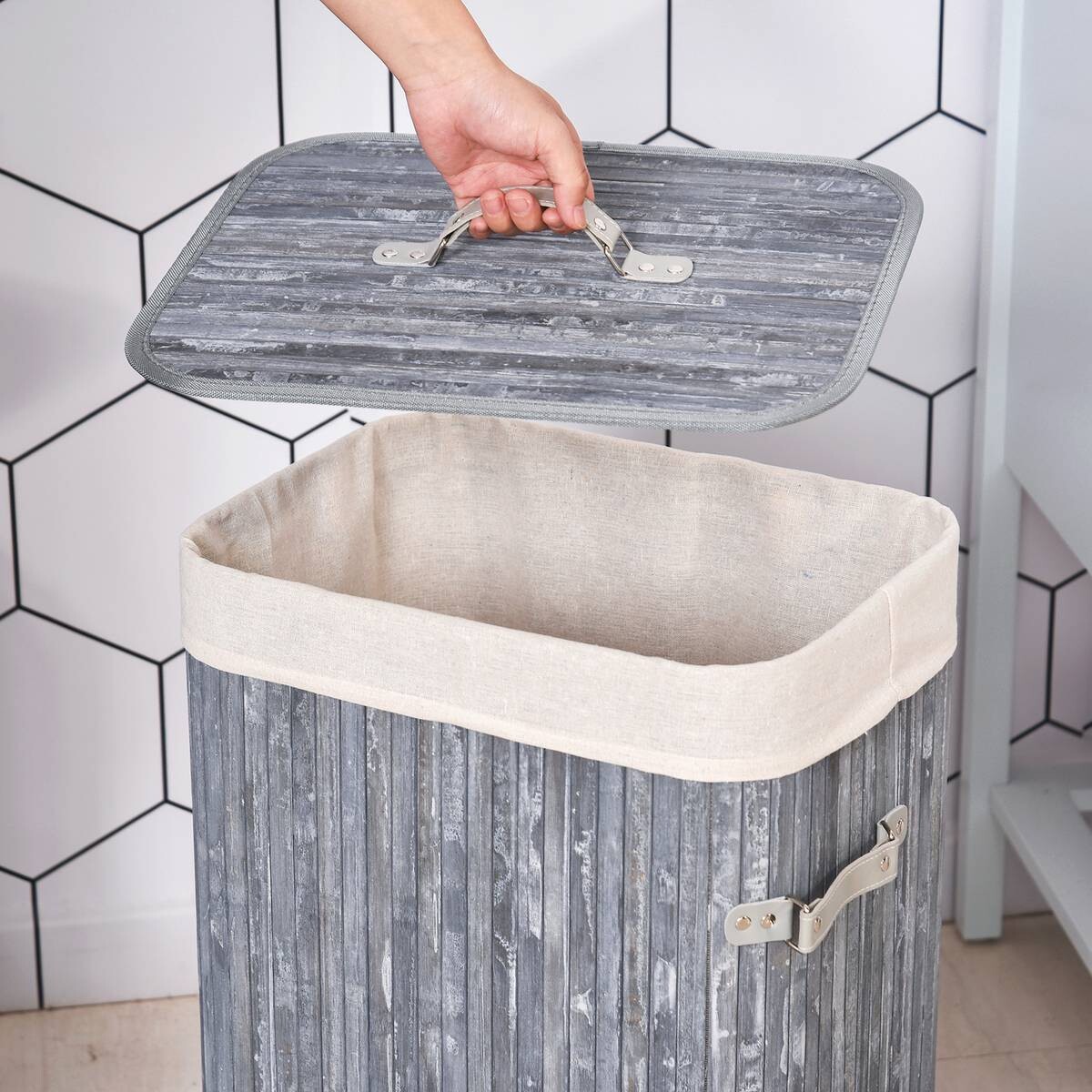 HOMCOM Wäschekorb mit 2 Tragegriffen grau Bambus Stoff Kunststoff B/H/L: ca. 30x60x40 cm