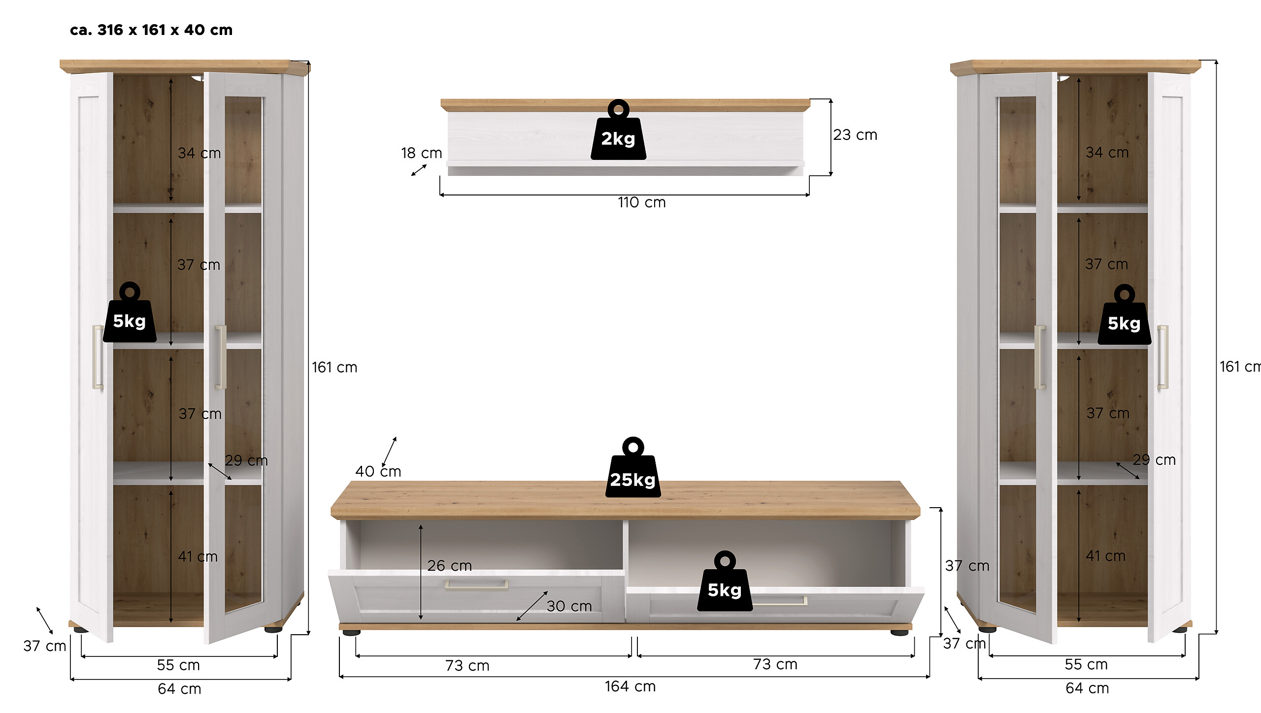 Wohnwand VERONA Lärche Nachbildung Eiche Nachbildung B/H/T: ca. 316x161x40 cm