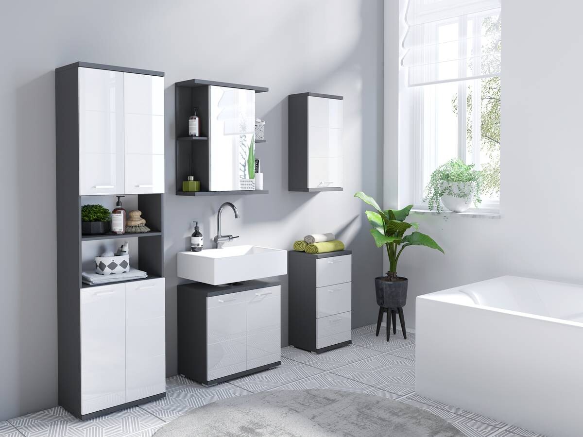 Schrank NEBRASKA anthrazit weiß Lack Hochglanz silber verchromt B/H/T: ca. 35,5x74x31,5 cm