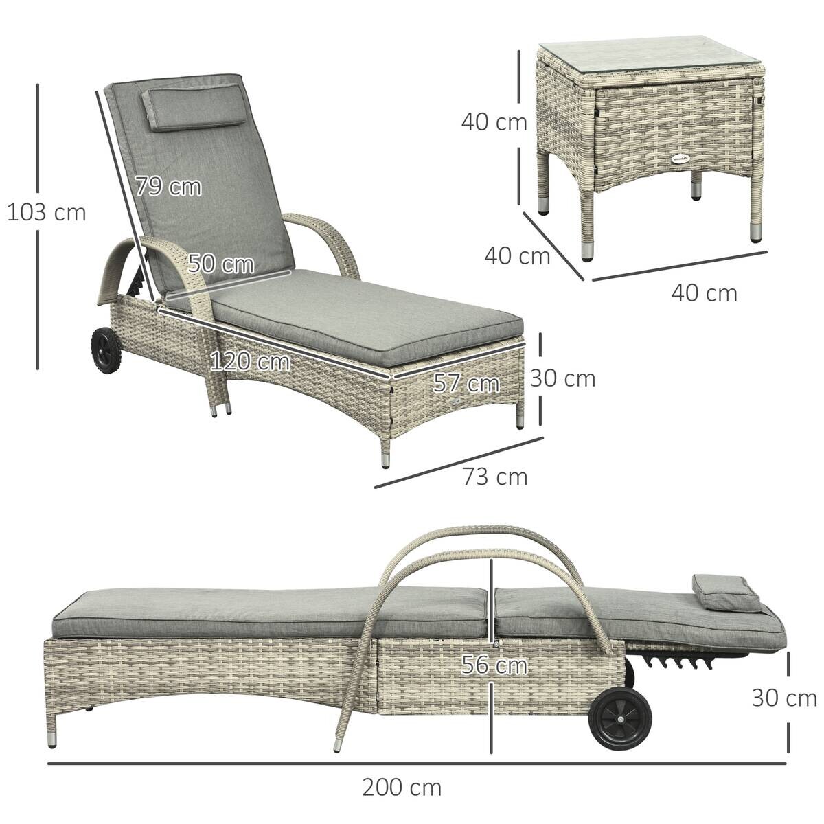Outsunny Gartenliege-Set mit Tisch grau Polyrattan B/H/L: ca. 73x103x200 cm