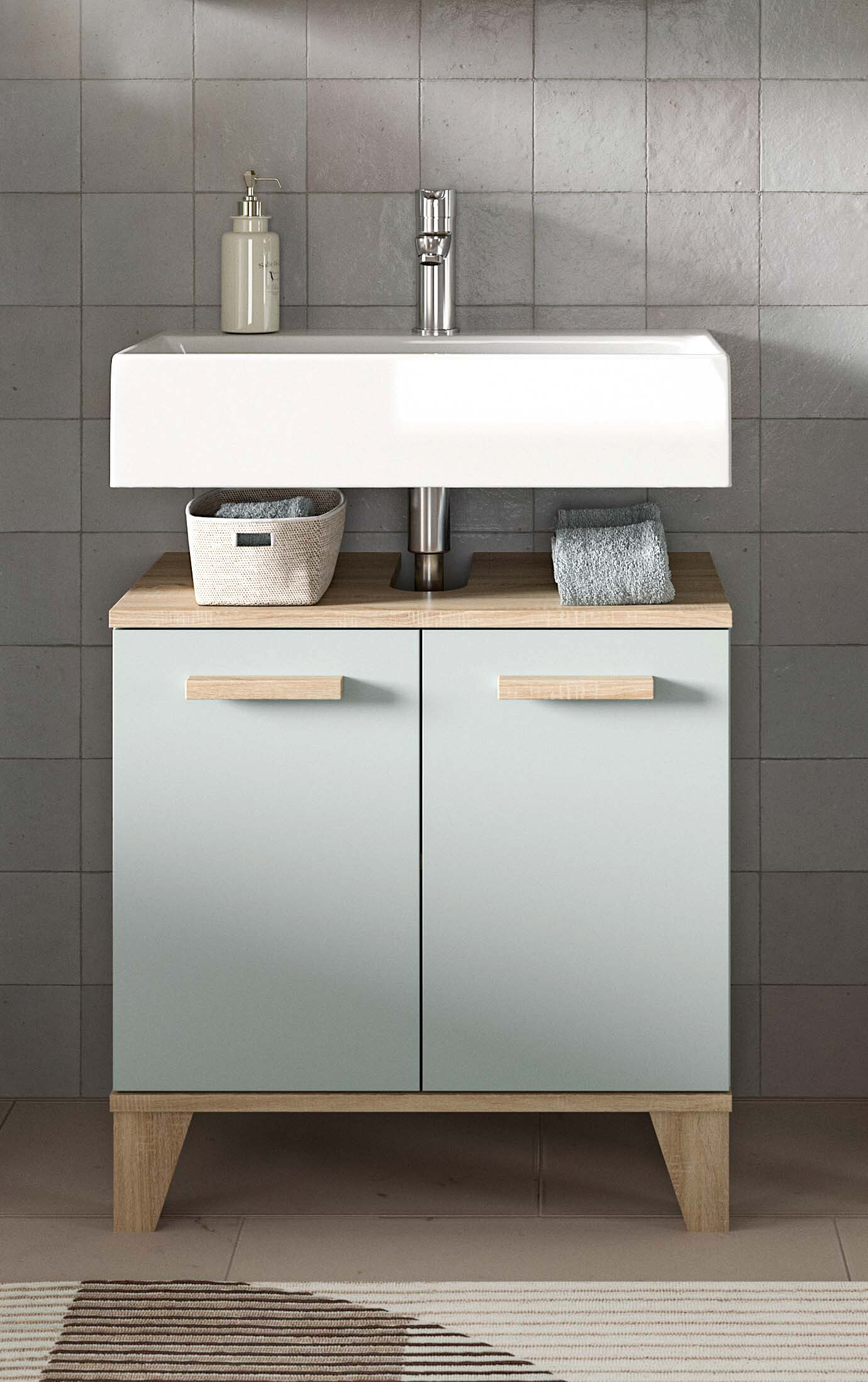 Waschbeckenunterschrank STAR hellgrün Eiche hell Nachbildung B/H/T: ca. 60x61x34 cm