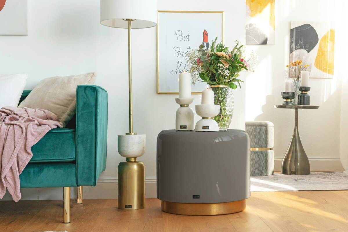 360 Living Hocker Artisse 251 grau gold Metall H/D: ca. 43x51,5 cm