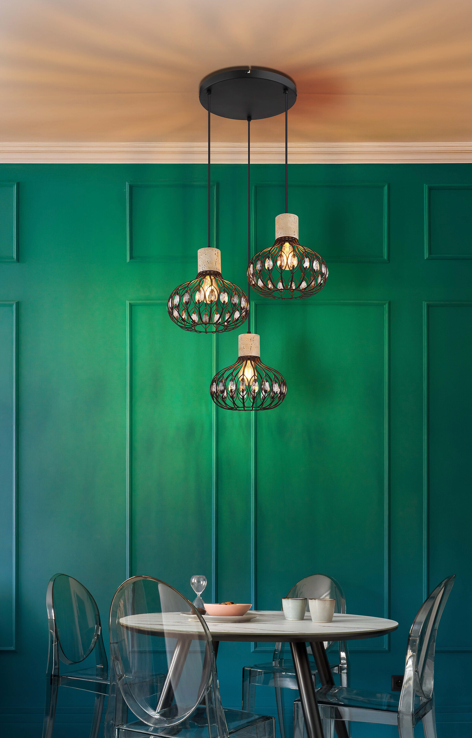 GLOBO Hängeleuchte Rauch grau mattschwarz Glas Metall H/D: ca. 150x47 cm E27 3 Brennstellen