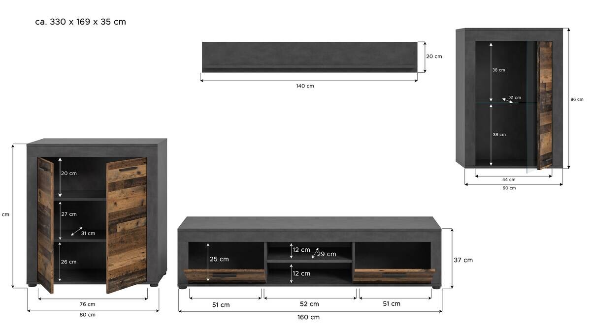 Wohnwand Jam Matera Nachbildung Old Wood Nachbildung B/H/T: ca. 169x330x35 cm