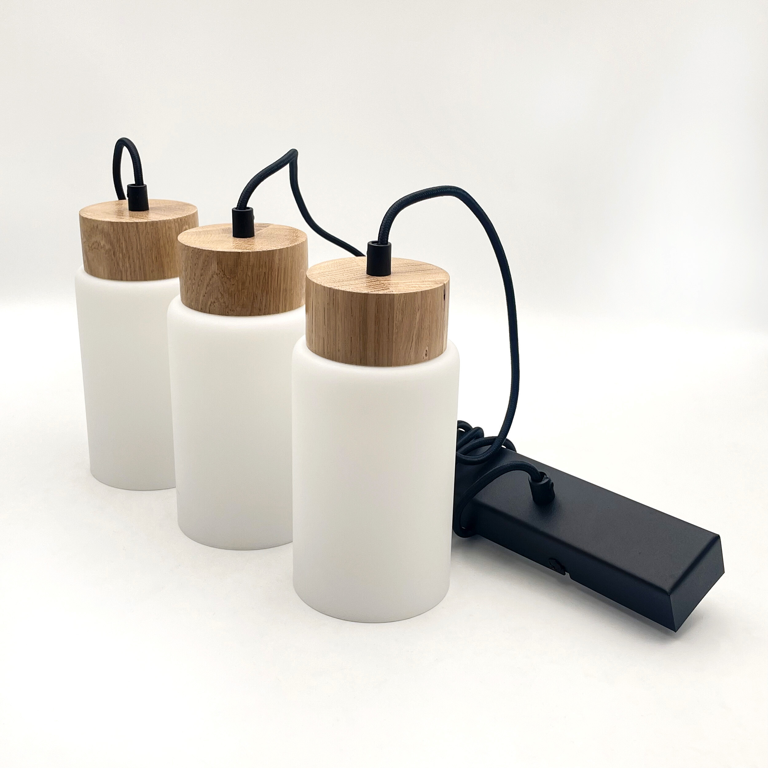 Lamkur Hängeleuchte Marcus schwarz Glas Stahl Holz B/H/L: ca. 65x20x20 cm E27 3 Brennstellen