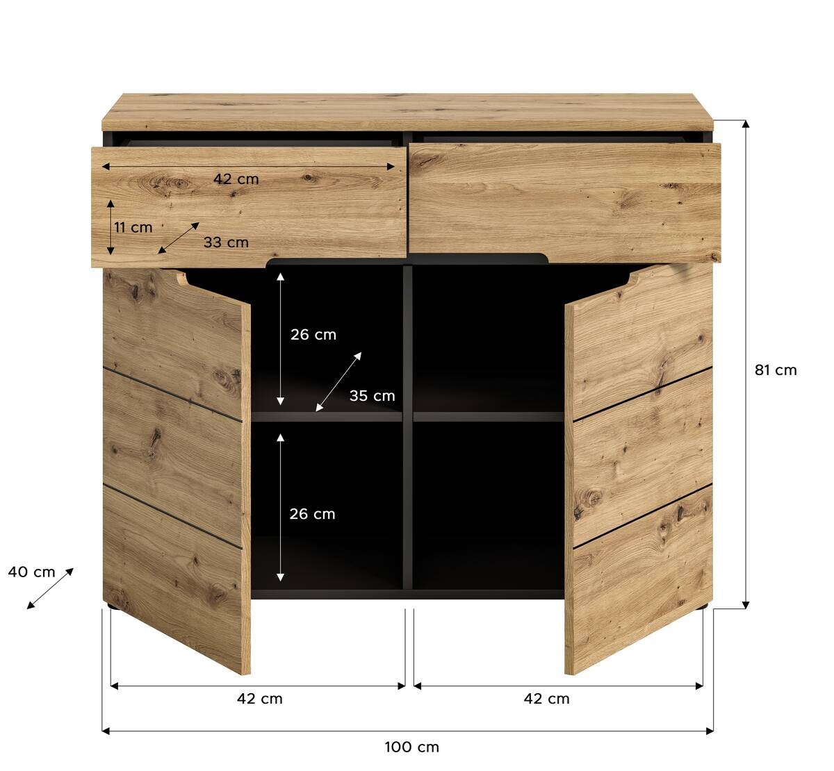 Kommode CANU edles Basaltgrau Nachbildung Eiche Artisan Nachbildung B/H/T: ca. 100x81x40 cm