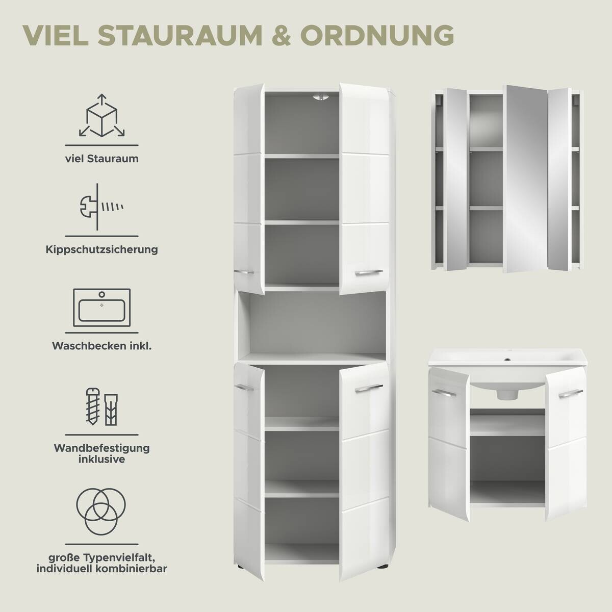 Badezimmer-Set Ice weiß weiß Hochglanz B/H/T: ca. 135x185x46 cm