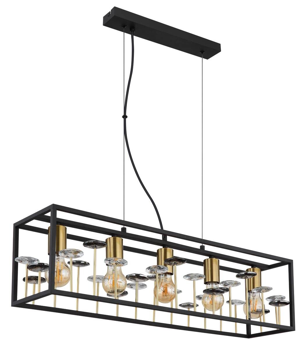 GLOBO Pendelleuchte LISBON 15644H1 gold Rauch mattschwarz Metall Glas B/H/L: ca. 77x120x18 cm E27 5 Brennstellen