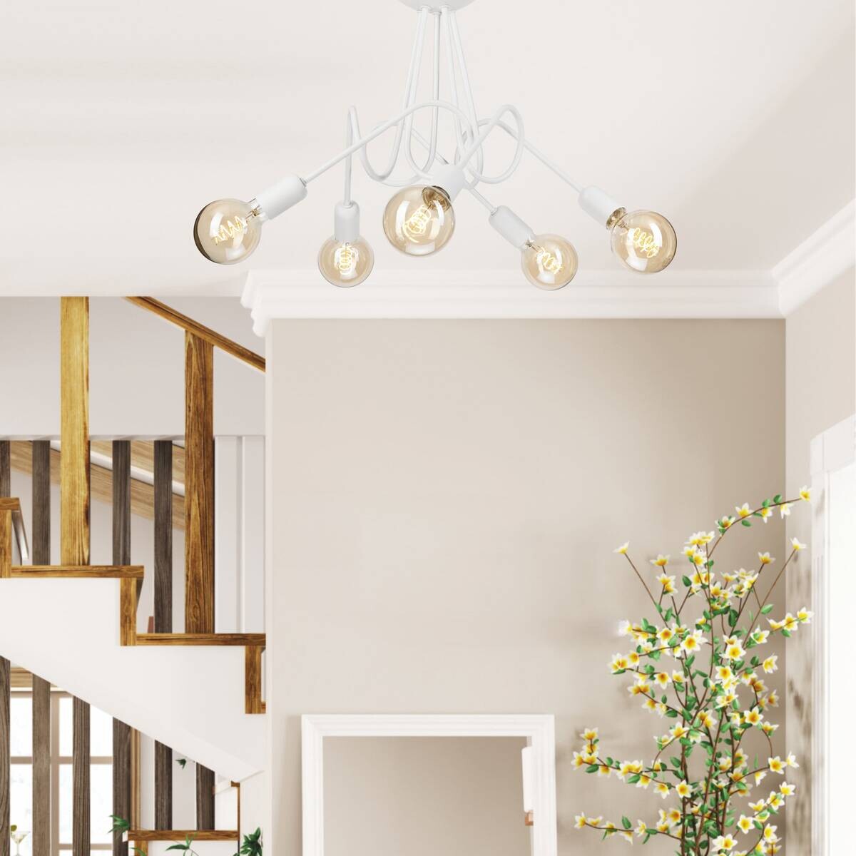 Lamkur Kronleuchter weiß Stahl B/H/L: ca. 39x54x54 cm E27 5 Brennstellen