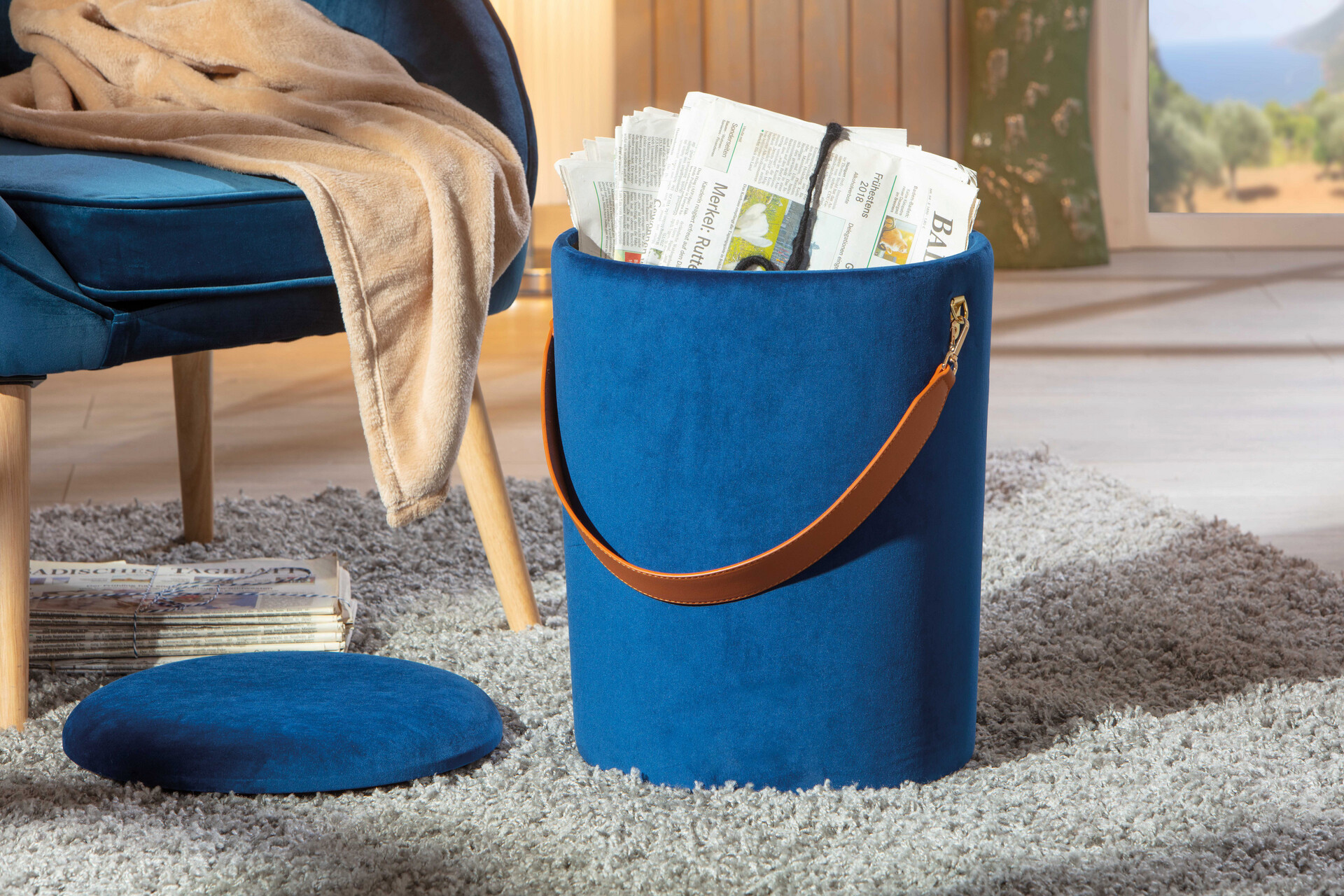 Inter Link Hocker Papua blau MDF Samtoptik B/H/T: ca. 35x45x35 cm