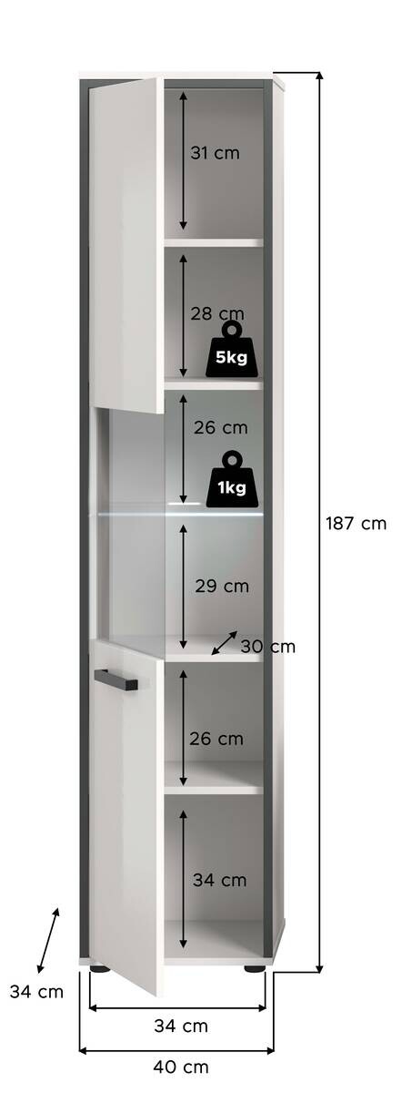 Midischrank KOJAK weiß Hochglanz anthrazit grau B/H/T: ca. 40x188x34 cm