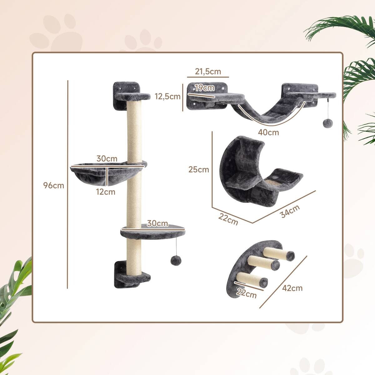 PawHut Katzen Kletterwand dunkelgrau Spanplatte B/H/L: ca. 30x96x30 cm