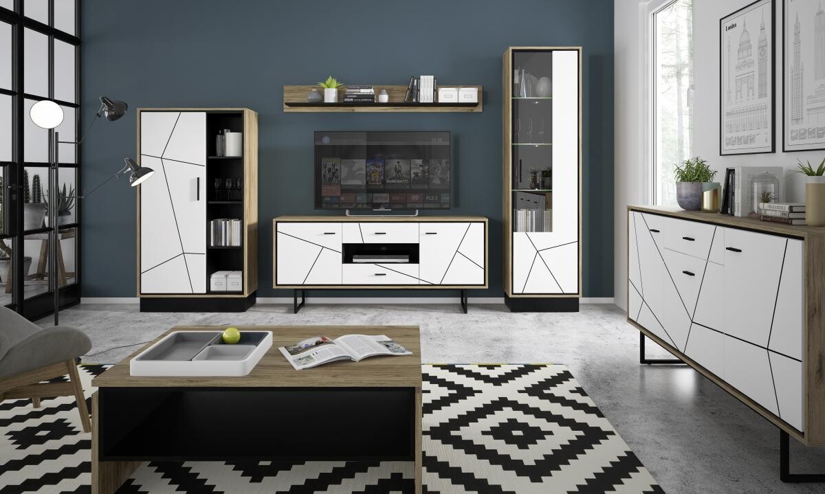 Standvitrine Brolo Eiche Cartania Nachbildung weiß Hochglanz schwarz B/H/T: ca. 57x209x37 cm Standvitrine Brolo Eiche Cartania Nachbildung weiß Hochglanz schwarz B/H/T: ca. 57x209x37 cm