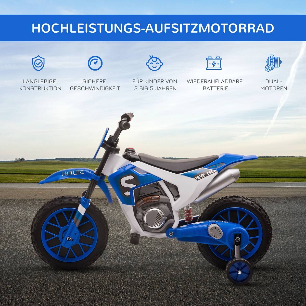 HOMCOM Kinder-Elektromotorrad blau B/H/L: ca. 51,5x68x106,5 cm