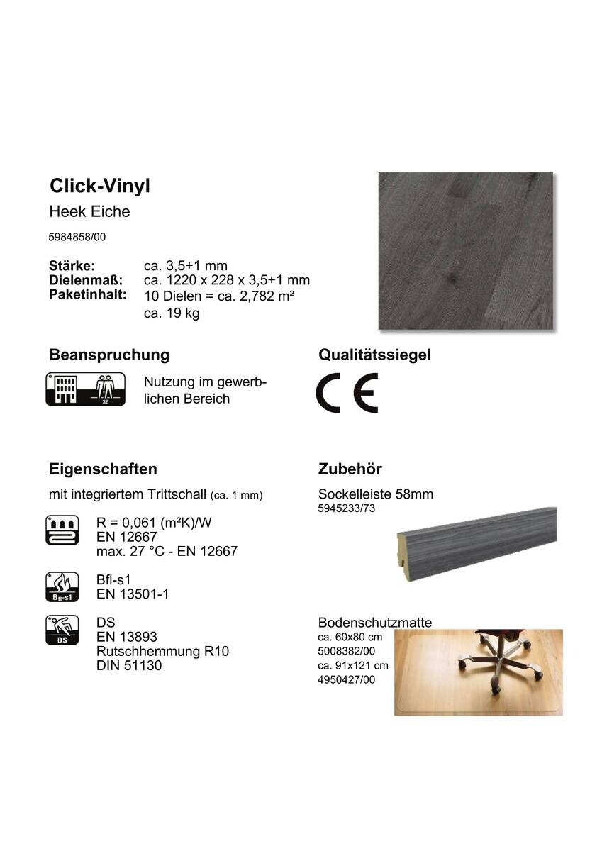 Click-Vinylboden Heek ca. 2,782 m² im Paket  B/L: ca. 22,8x122 cm pro Paket