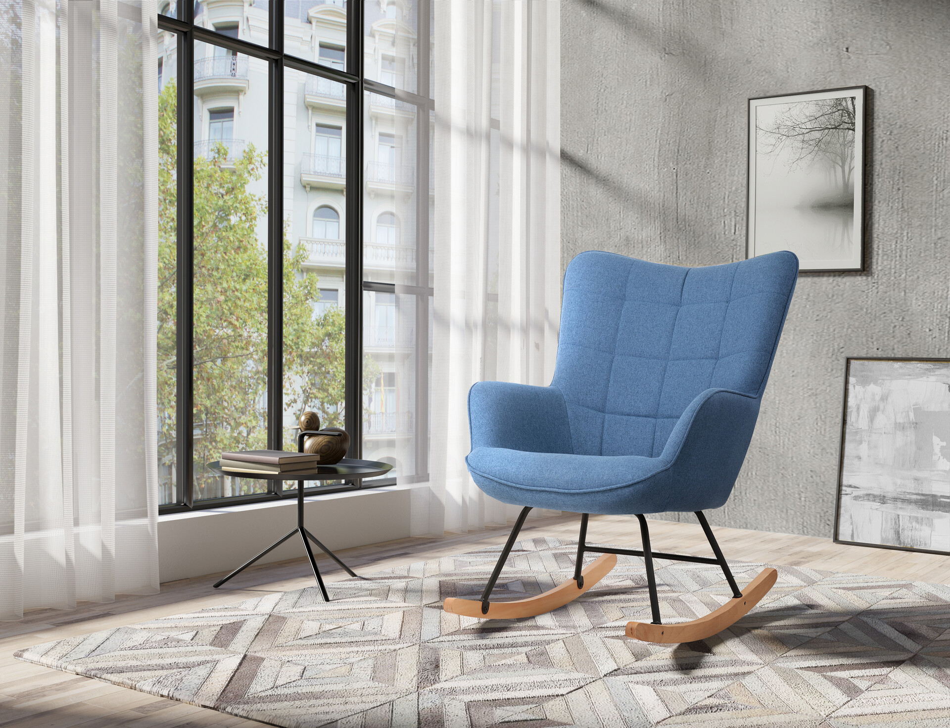 byLIVING Schaukelstuhl RICHIE blau schwarz natur Webstoff Metall Buche B/H/T: ca. 72x92x92 cm