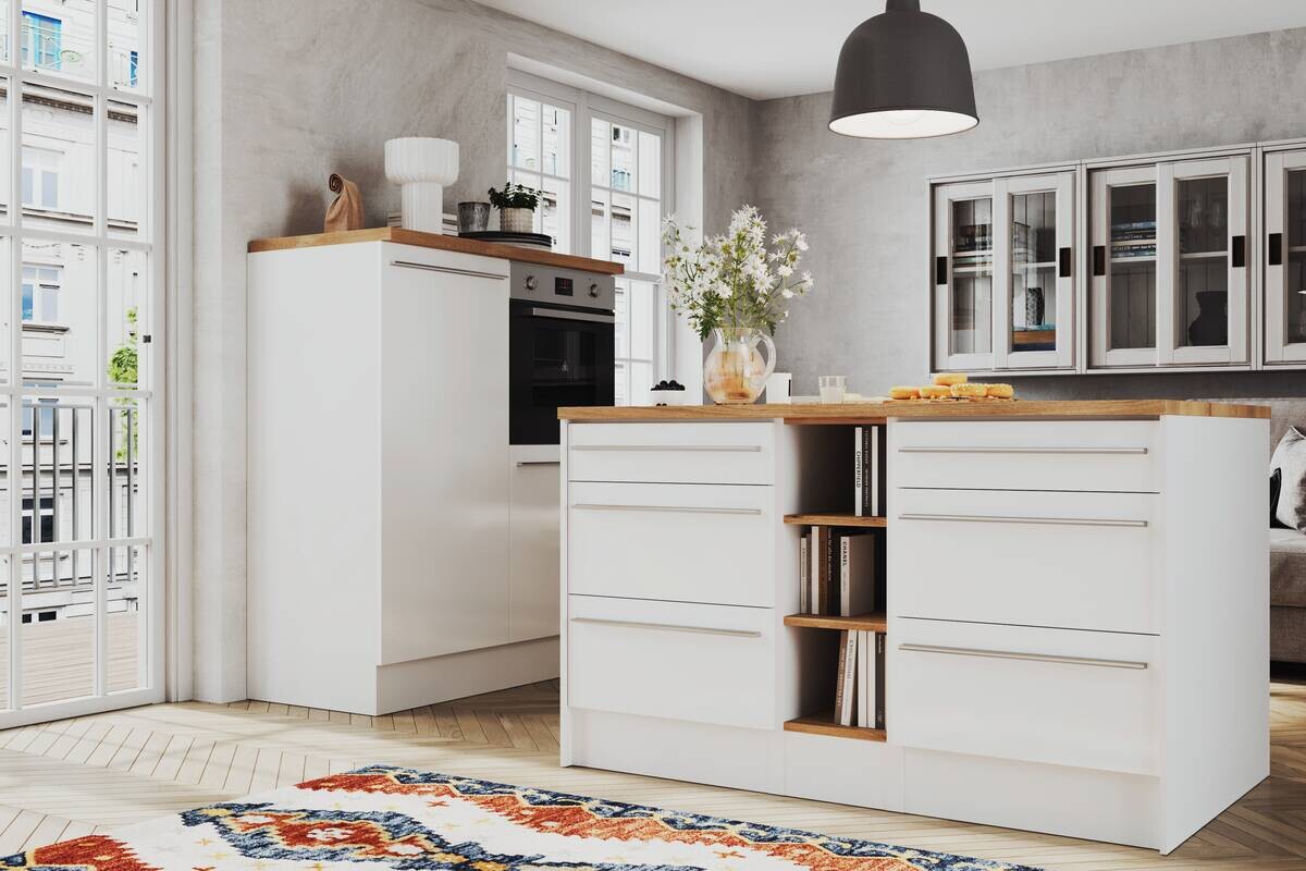 Respekta Inselküche Gabriel weiß Hochglanz B/H/T: ca. 320x200x60 cm