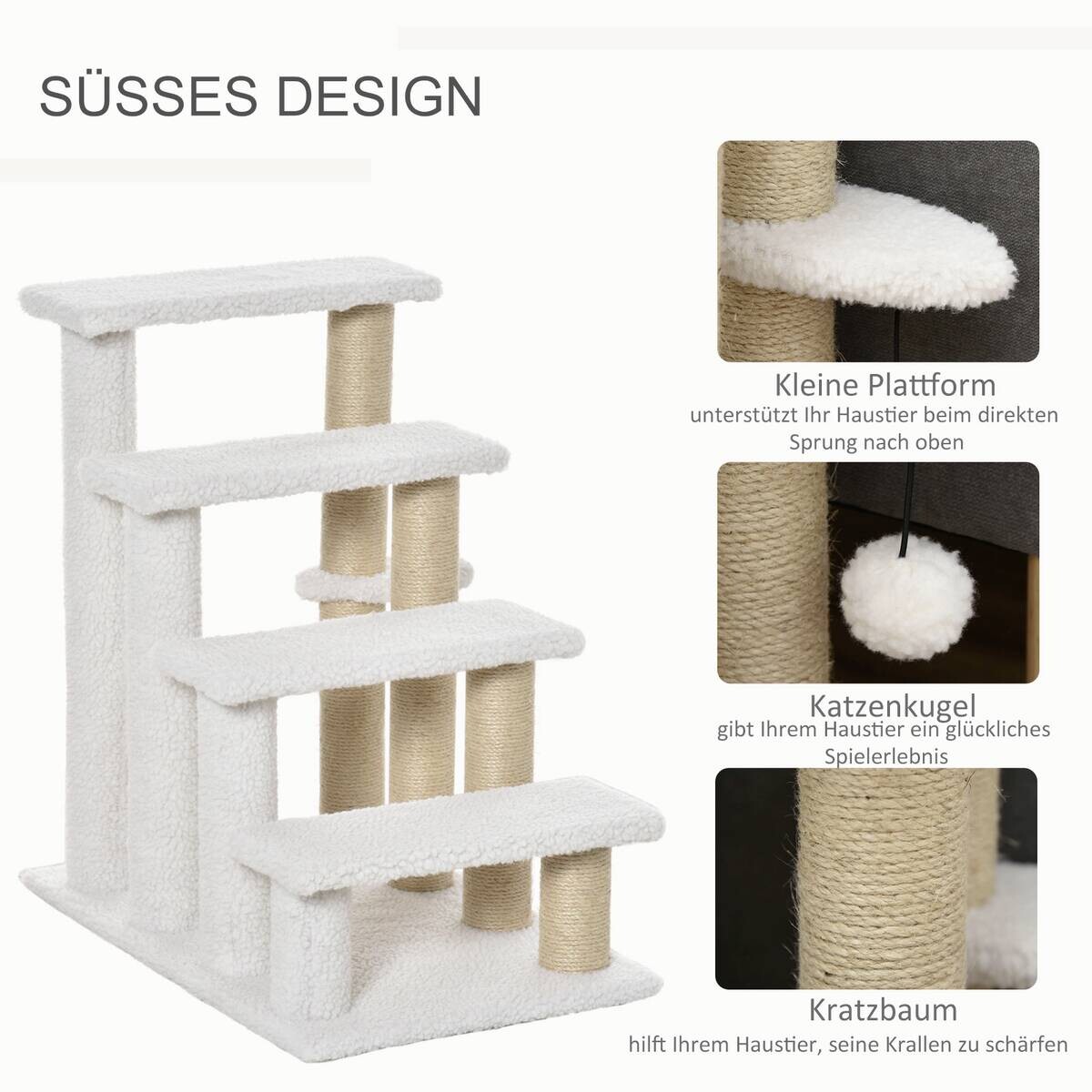 PawHut Haustiertreppe m. Kratzbaum Ball weiß Spanplatte B/H/L: ca. 40x60x64 cm