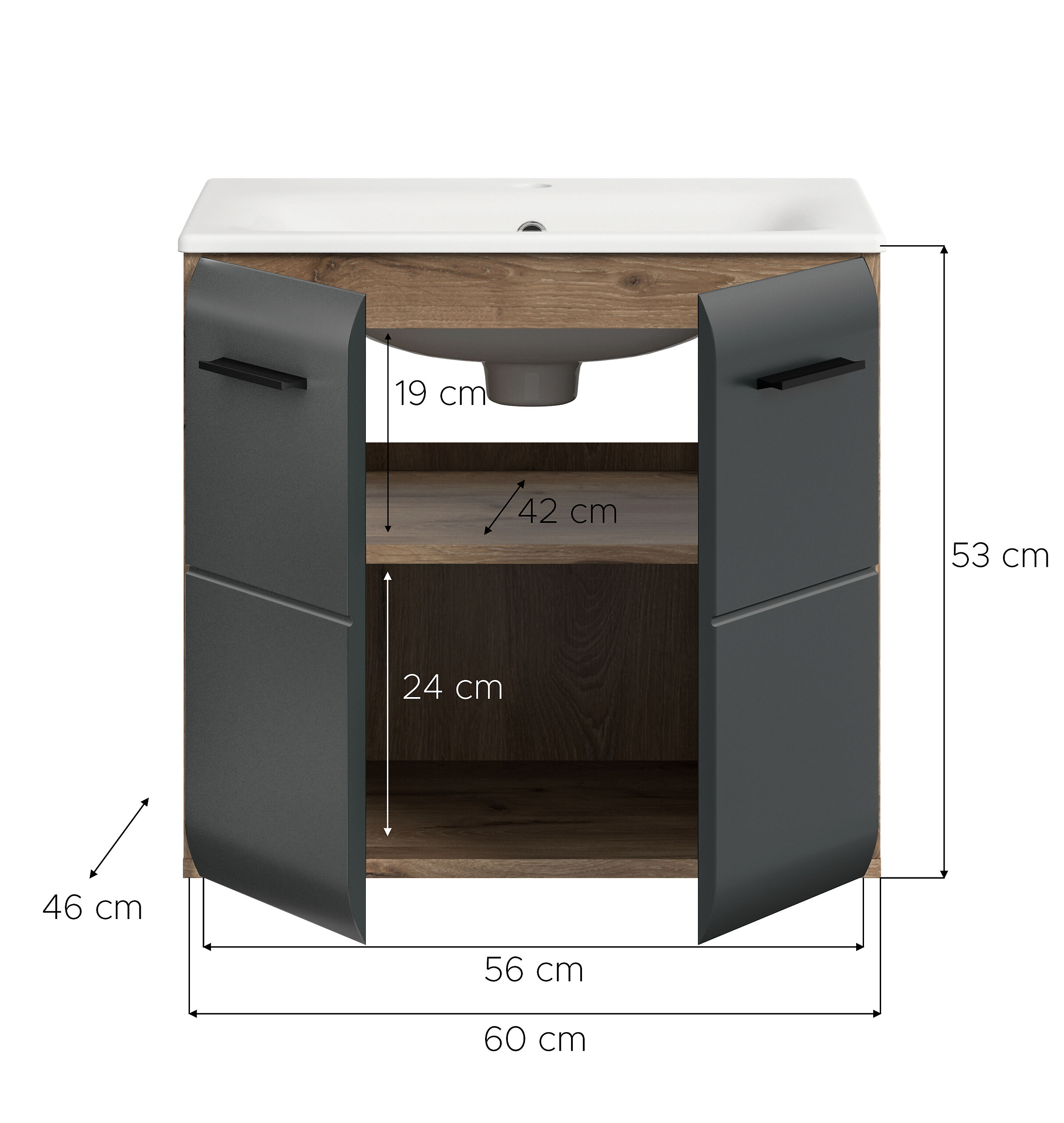 Waschplatz Ice Nox Oak Nachbildung schwarz matt B/H/T: ca. 60x55x46 cm
