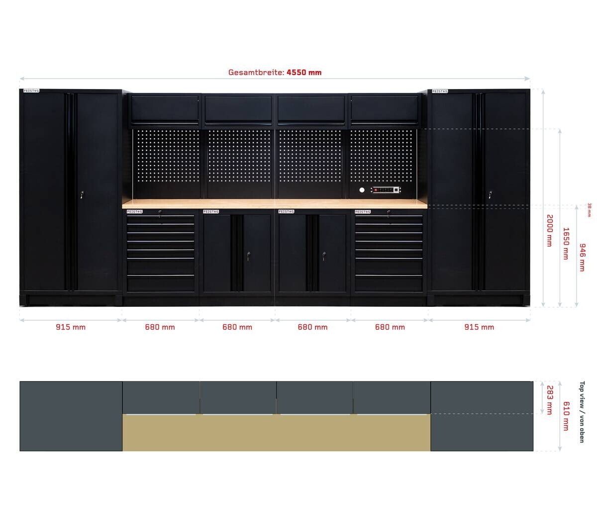 Werkstatteinrichtung EOS Blackline schwarz B/H/L: ca. 455x200x61 cm