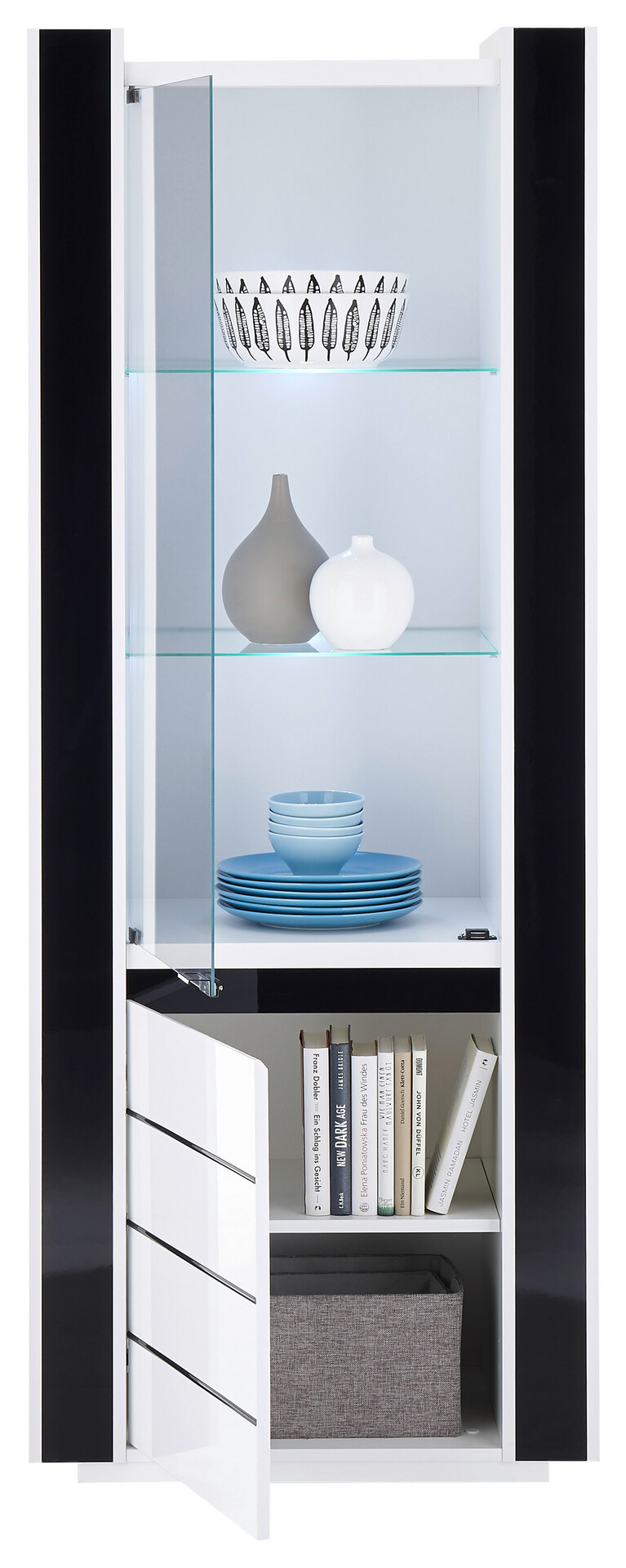 Vitrine Savona weiß Hochglanz schwarz Hochglanz B/H/T: ca. 73x185x45 cm