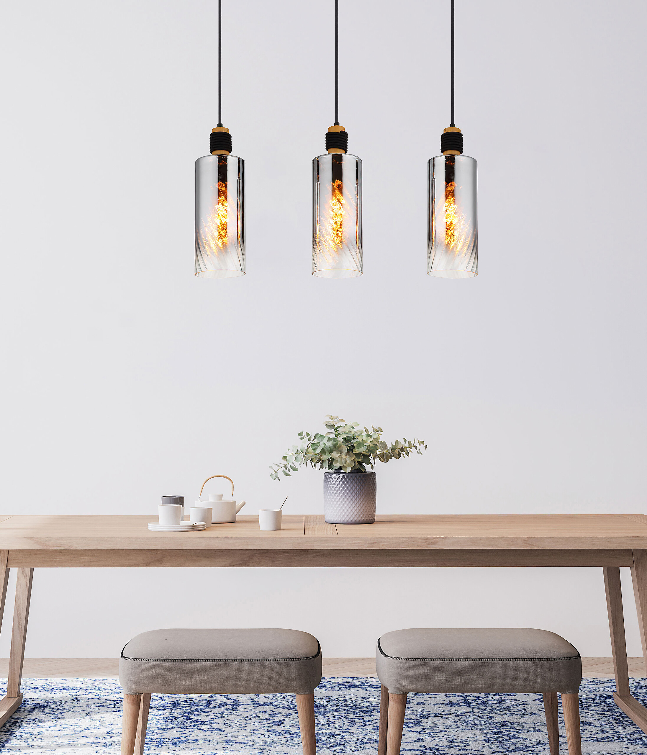 GLOBO Pendelleuchte mattschwarz Rauch braun Glas Holz Metall B/H/T/L: ca. 12x150x68x68 cm E27 3 Brennstellen