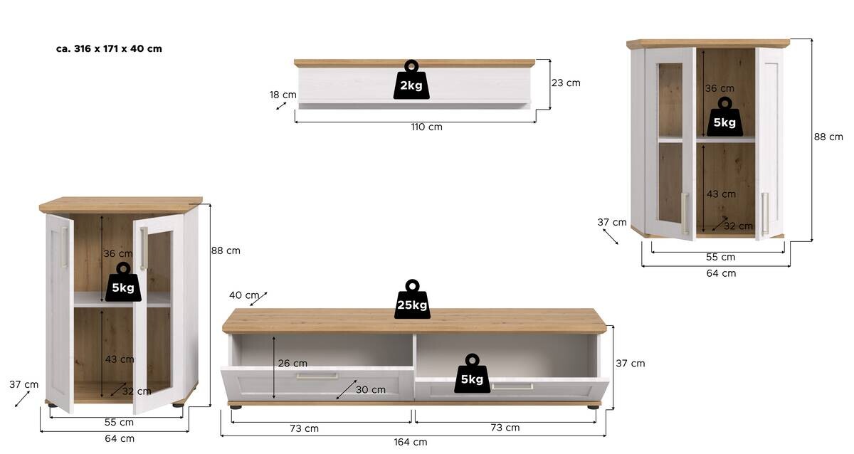 Wohnwand VERONA Lärche Nachbildung Eiche Nachbildung B/H/T: ca. 316x161x40 cm