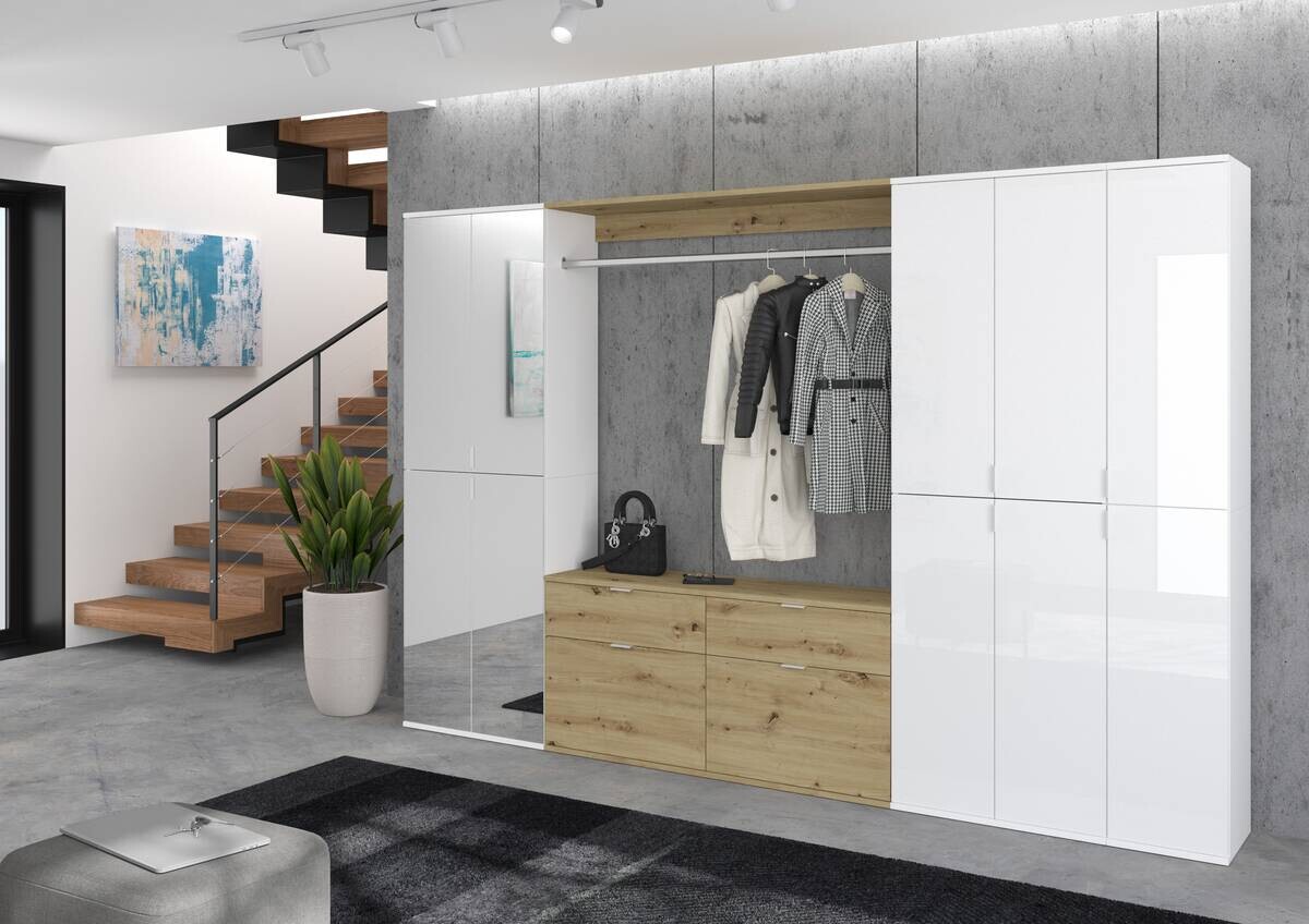 Garderobe PROJEKT Eiche Artisan Nachbildung weiß Hochglanz Spiegel B/H/T: ca. 273x193x34 cm