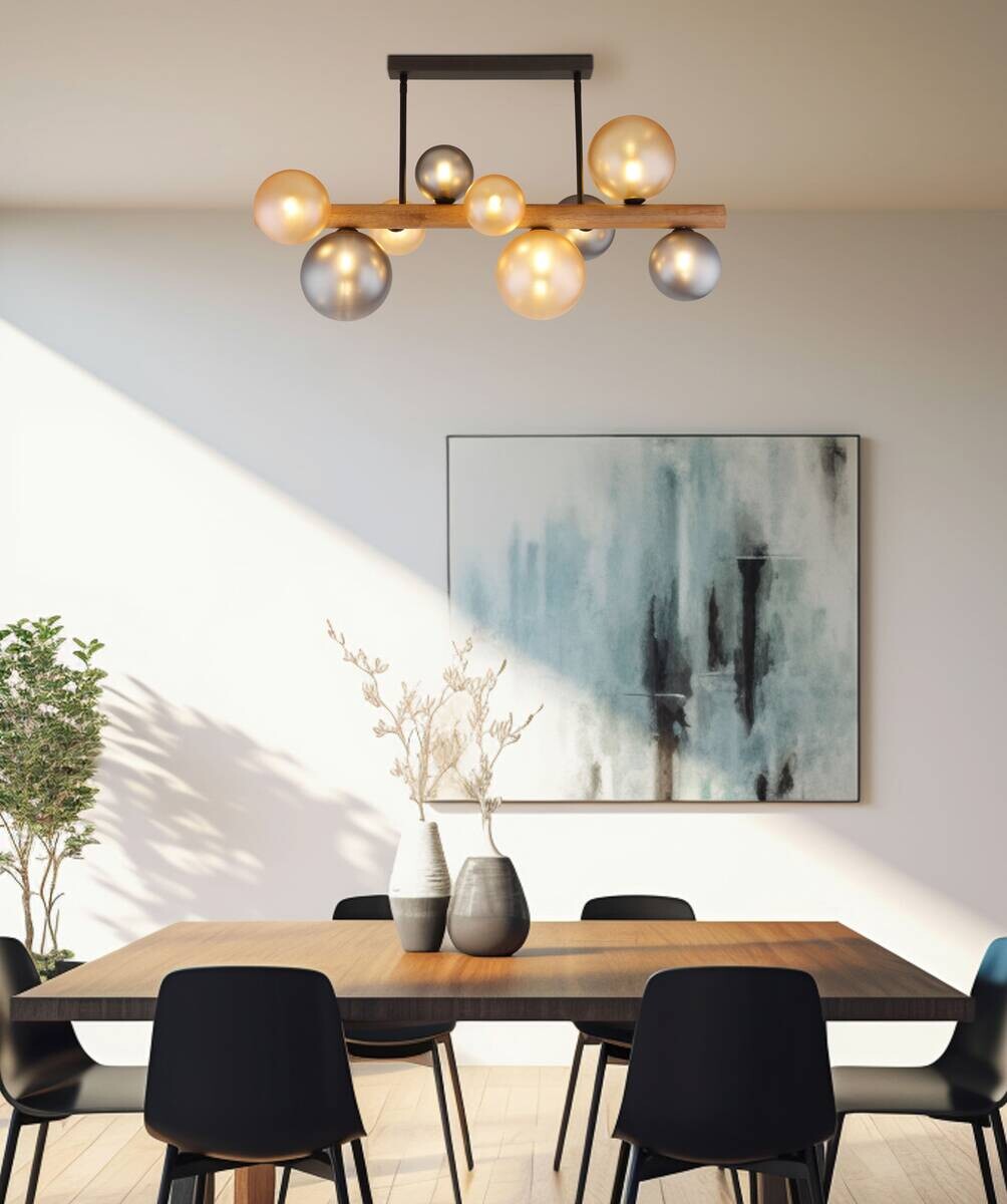 GLOBO LED-Deckenleuchte amber Rauch dunkelbraun Holz Glas Metall B/H/L: ca. 29x45x78 cm 9 Brennstellen