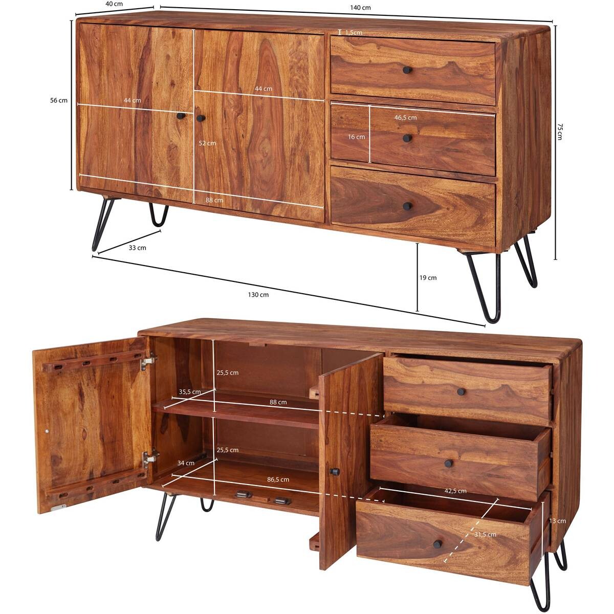 Sideboard schwarz lackiert natur beschichtet B/H/T: ca. 145x75x40 cm