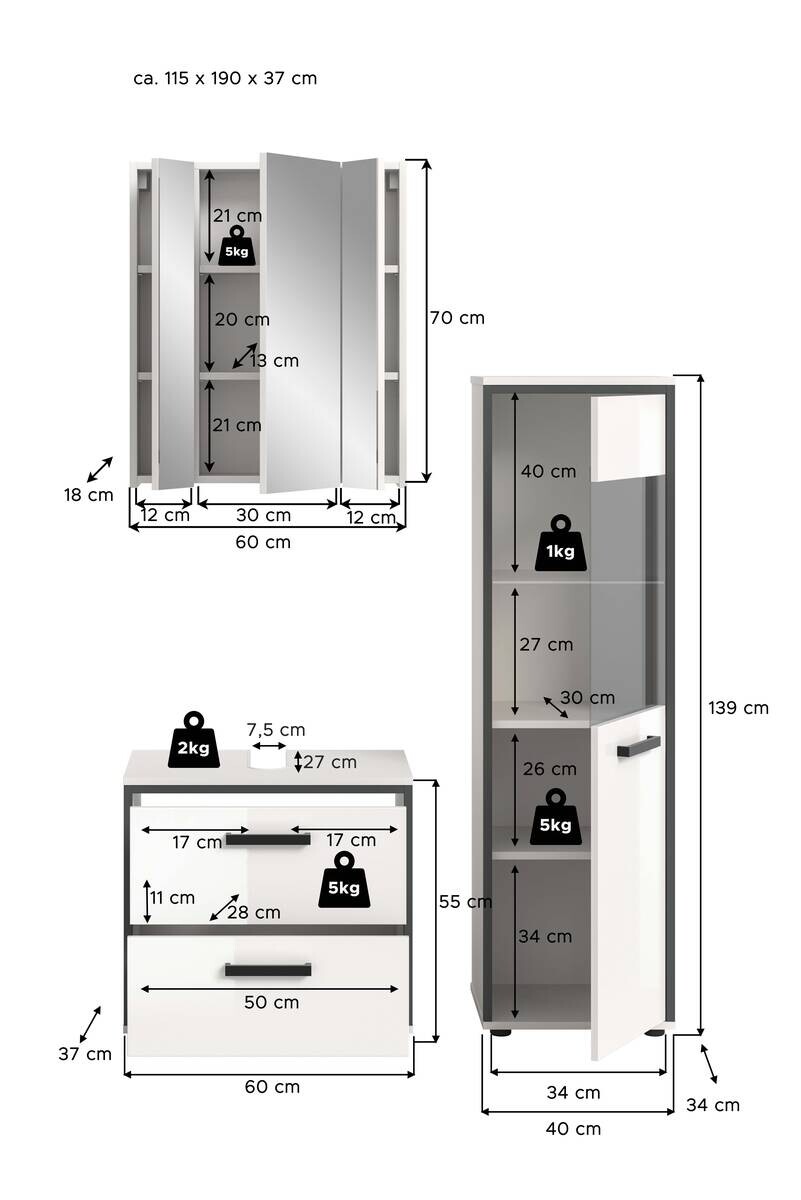 Badblock KOJAK weiß Hochglanz anthrazit grau B/H/T: ca. 115x188x37 cm