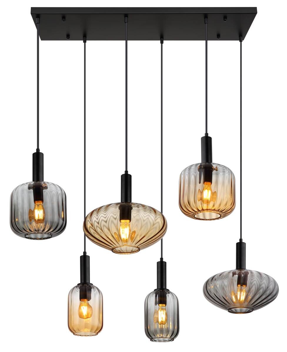 GLOBO Pendelleuchte schwarz Rauch amber Metall Glas PVC B/H/L: ca. 47x150x100 cm E27 6 Brennstellen