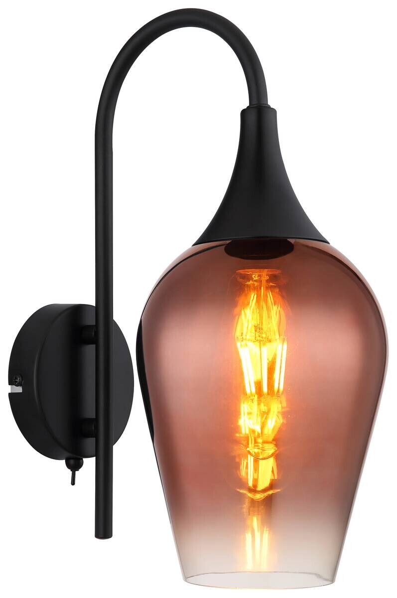 GLOBO Wandleuchte LAVUS 15552W1 klar mattschwarz Kupfer Glas Metall H/L: ca. 36x15 cm E27 1 Brennstellen