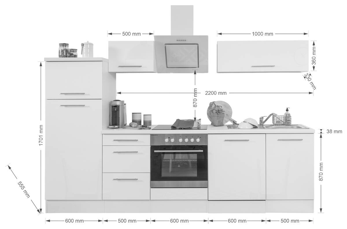 Respekta Küchenblock Premium schwarz hochglänzend B/H/T: ca. 280x200x60 cm