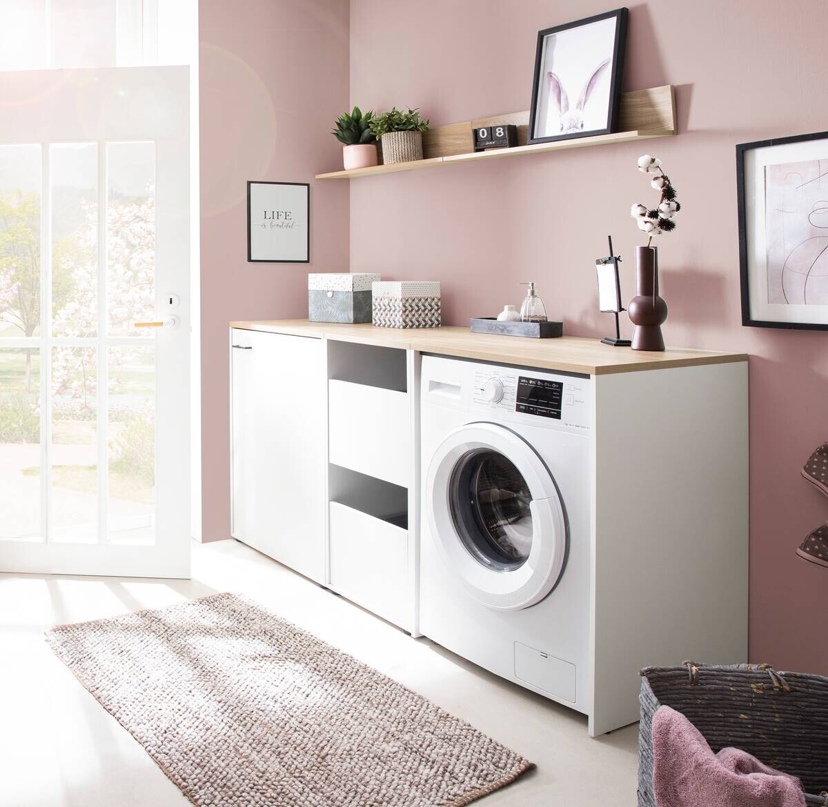 Waschmaschinenumbauschrank Solea weiß Lack matt Eiche hell Nachbildung B/H/T: ca. 67,1x96x60 cm