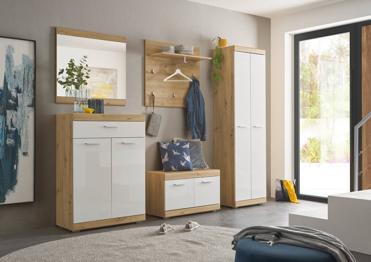 Sitzbank Nola Eiche Artisan Nachbildung weiß Hochglanz B/H/T: ca. 80x49x38 cm