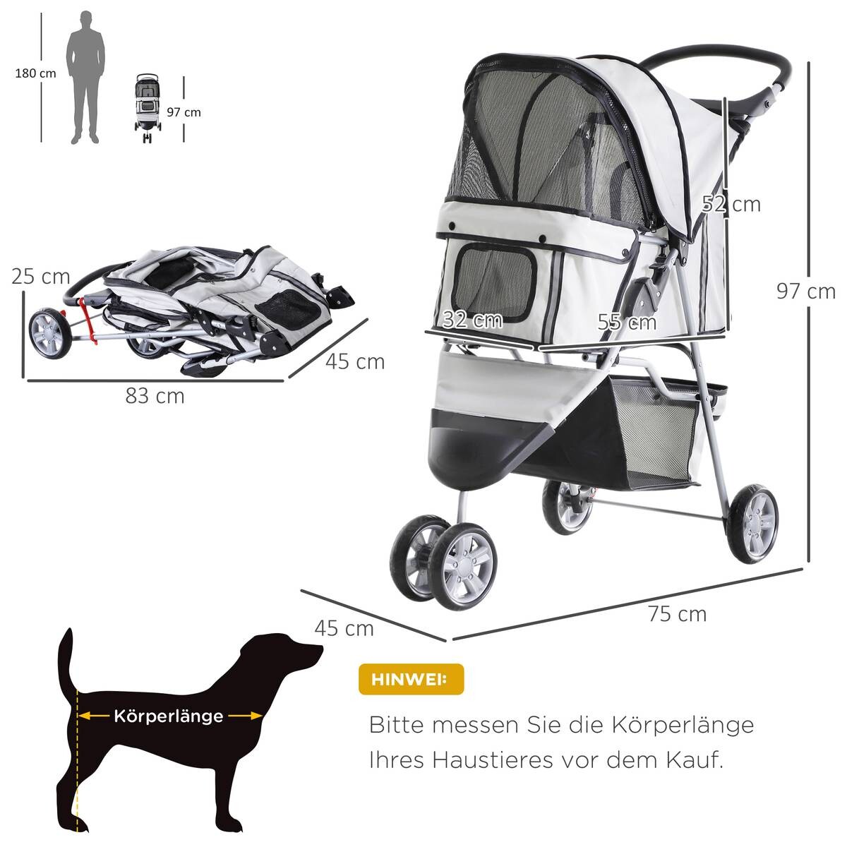 PawHut Hundebuggy grau Kunststoff B/H/L: ca. 45x97x75 cm