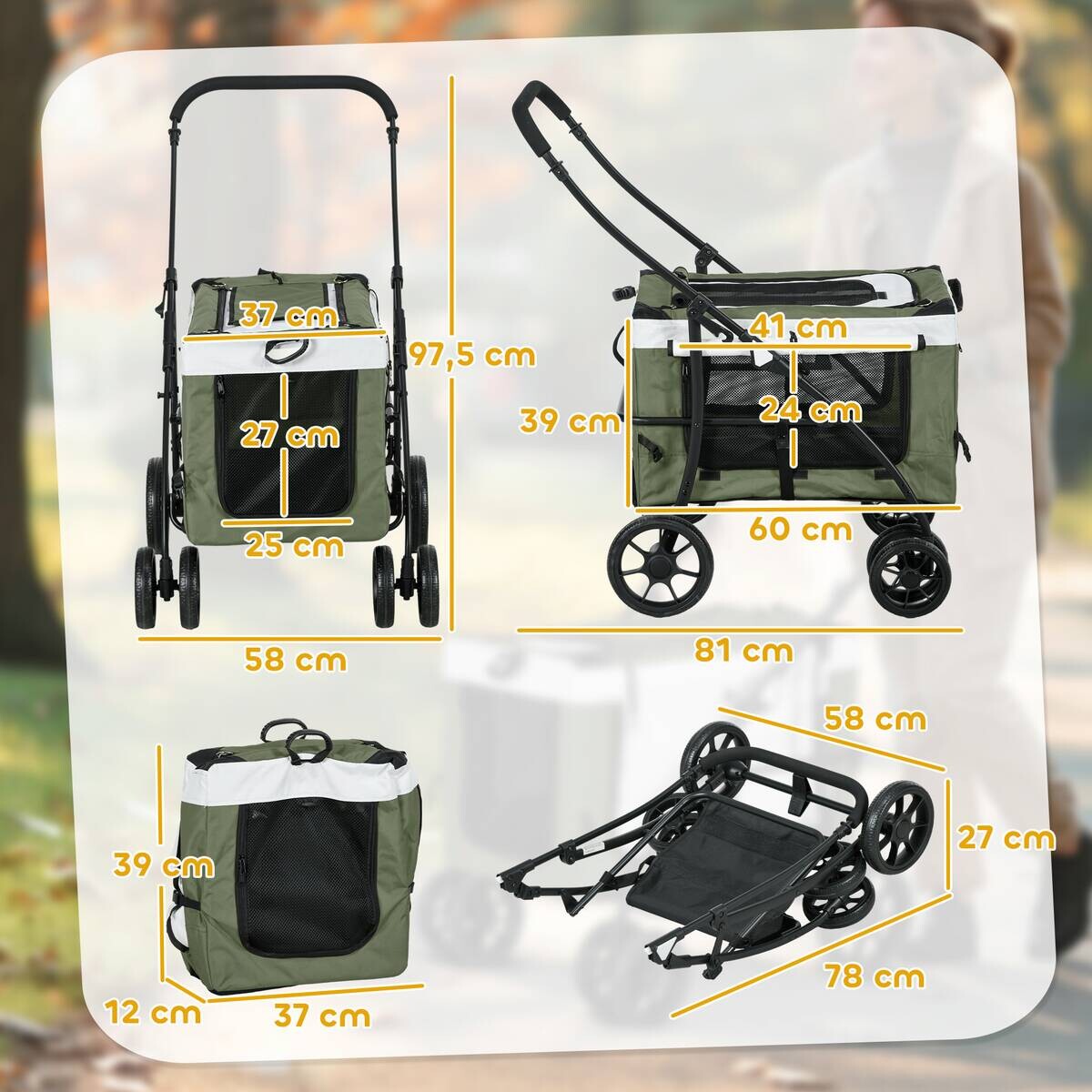 PawHut Hundewagen dunkelgrün Stahl B/H/L: ca. 58x97,5x81 cm