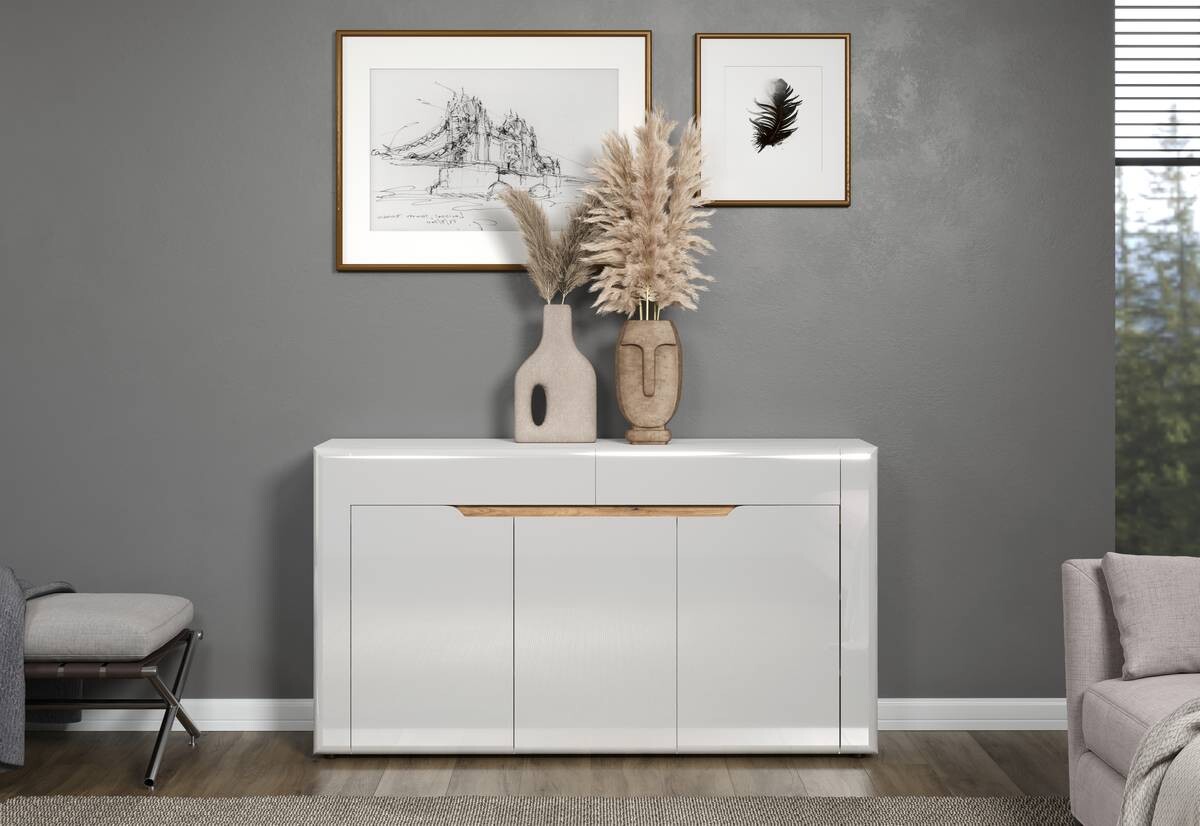 Sideboard Marlon Eiche Evoke Coast Nachbildung weiß Hochglanz B/H/T: ca. 150x84x40 cm